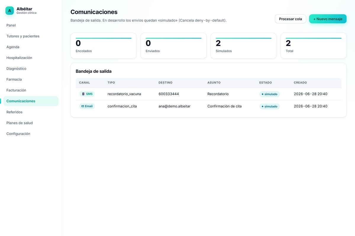 Bandeja de salida de comunicaciones de Albéitar con mensajes por email y SMS y sus estados de envío.