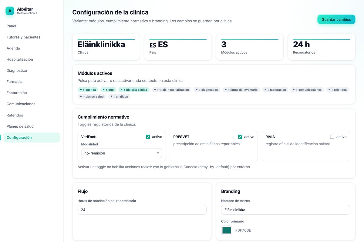 Pantalla de configuración por clínica de Albéitar: módulos, cumplimiento (VeriFactu, PRESVET, RIVIA) y branding.