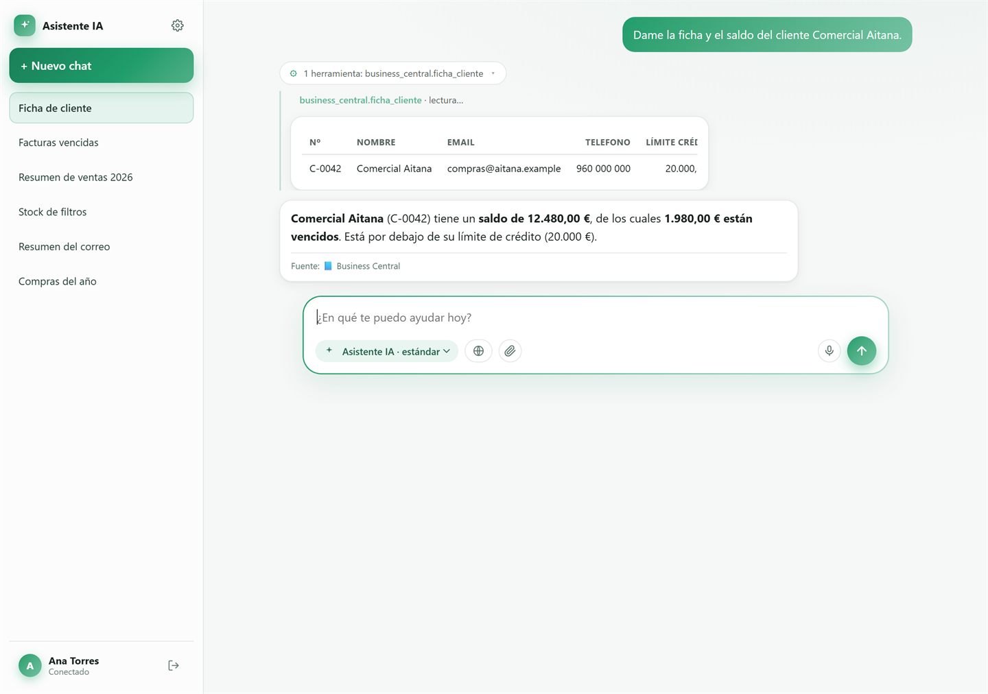 Ficha de un cliente en Business Central con su saldo y su importe vencido.