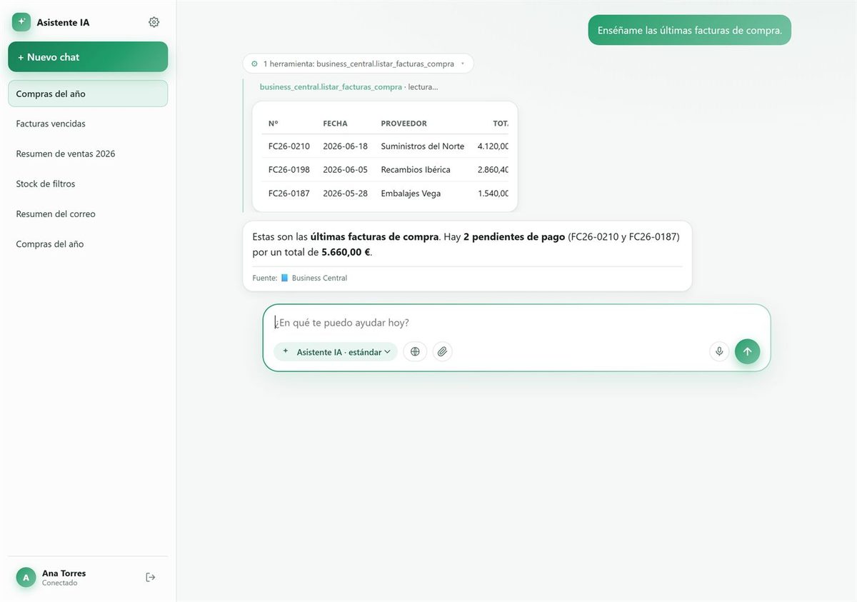 Últimas facturas de compra de un proveedor y su estado, consultadas en Business Central.