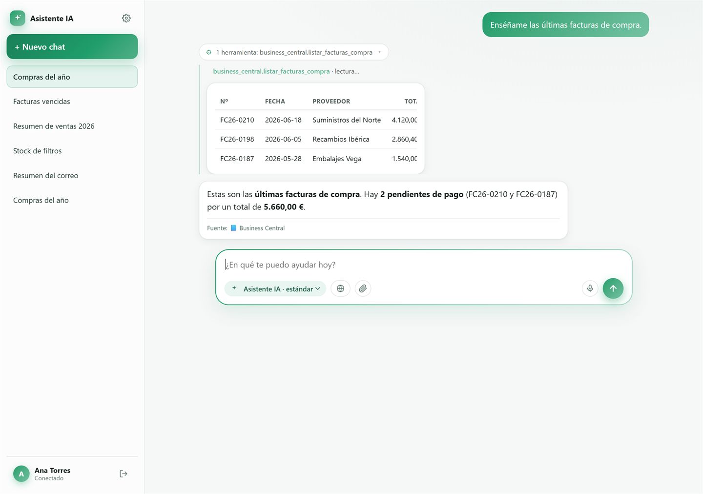 Últimas facturas de compra de un proveedor y su estado, consultadas en Business Central.