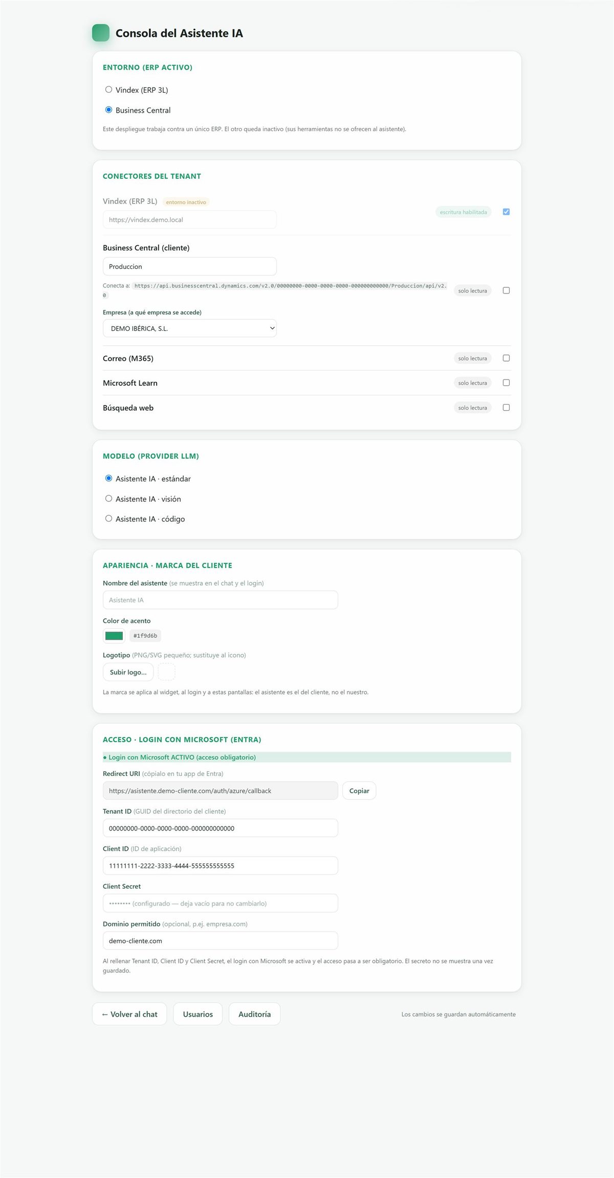 Consola de administración del Asistente IA: sistema activo, empresa, conectores, modelo de IA e inicio de sesión con Microsoft, configurables desde un panel.