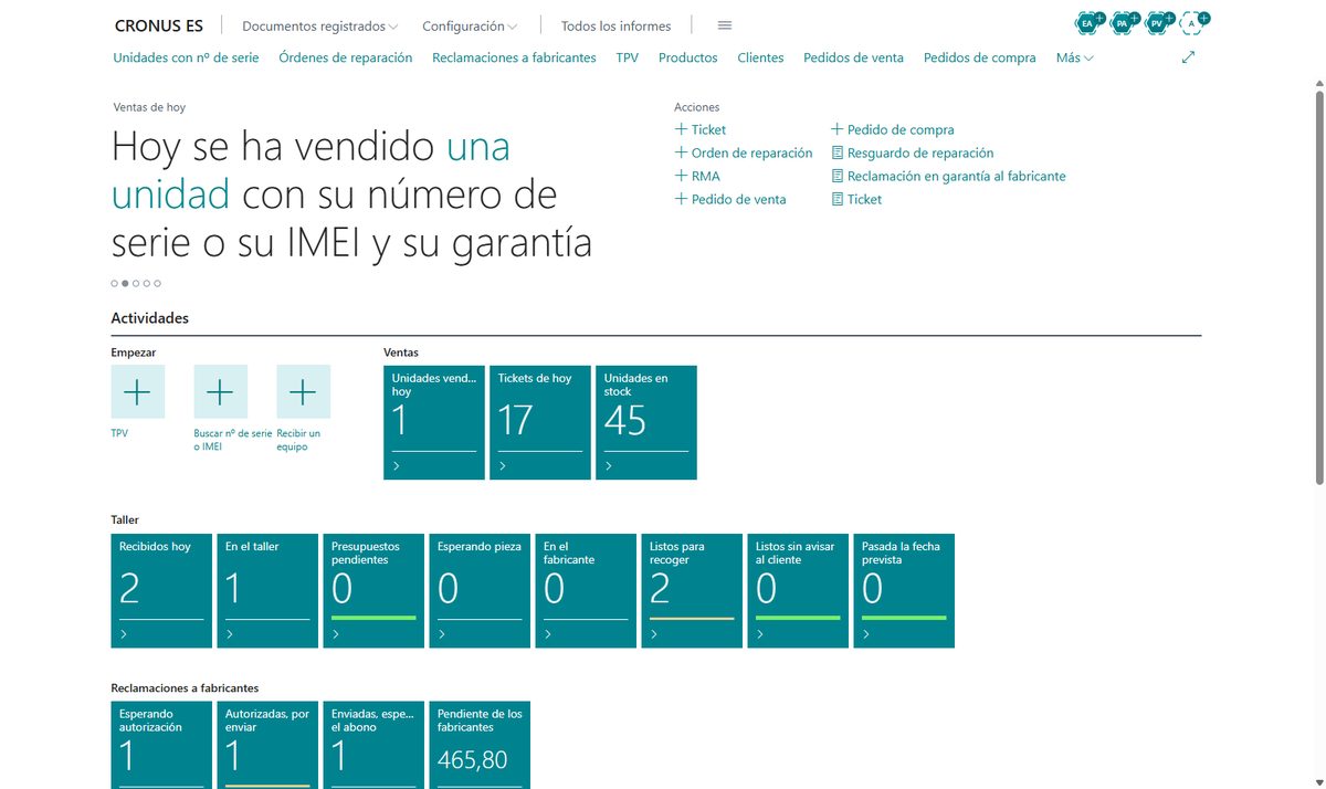 Pantalla de inicio de la tienda de electrónica en Business Central con las unidades vendidas hoy con número de serie, el taller con los equipos listos para recoger y las reclamaciones abiertas a los fabricantes con lo que tienen pendiente de abonar