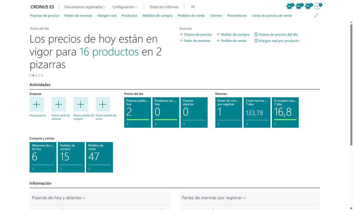 Pantalla de inicio del vertical de frutas y verduras en Business Central con las pizarras de hoy, los partes de mermas por registrar y el margen real de la semana