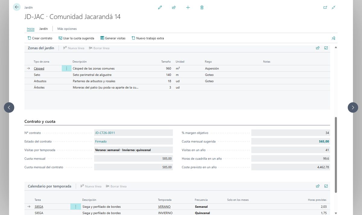 Ficha del jardín Comunidad Jacarandá 14 en Business Central con sus zonas (el césped, los setos, los parterres y las moreras del patio), la cuota del contrato, la cuota sugerida para su margen objetivo y el calendario por temporada con la siega semanal en verano y quincenal en invierno