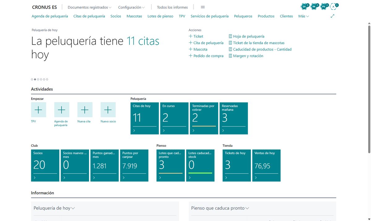Pantalla de inicio de la tienda de mascotas en Business Central con las citas de peluquería de hoy, las terminadas por cobrar, los socios y sus puntos, los lotes de pienso que caducan pronto y los tickets del día