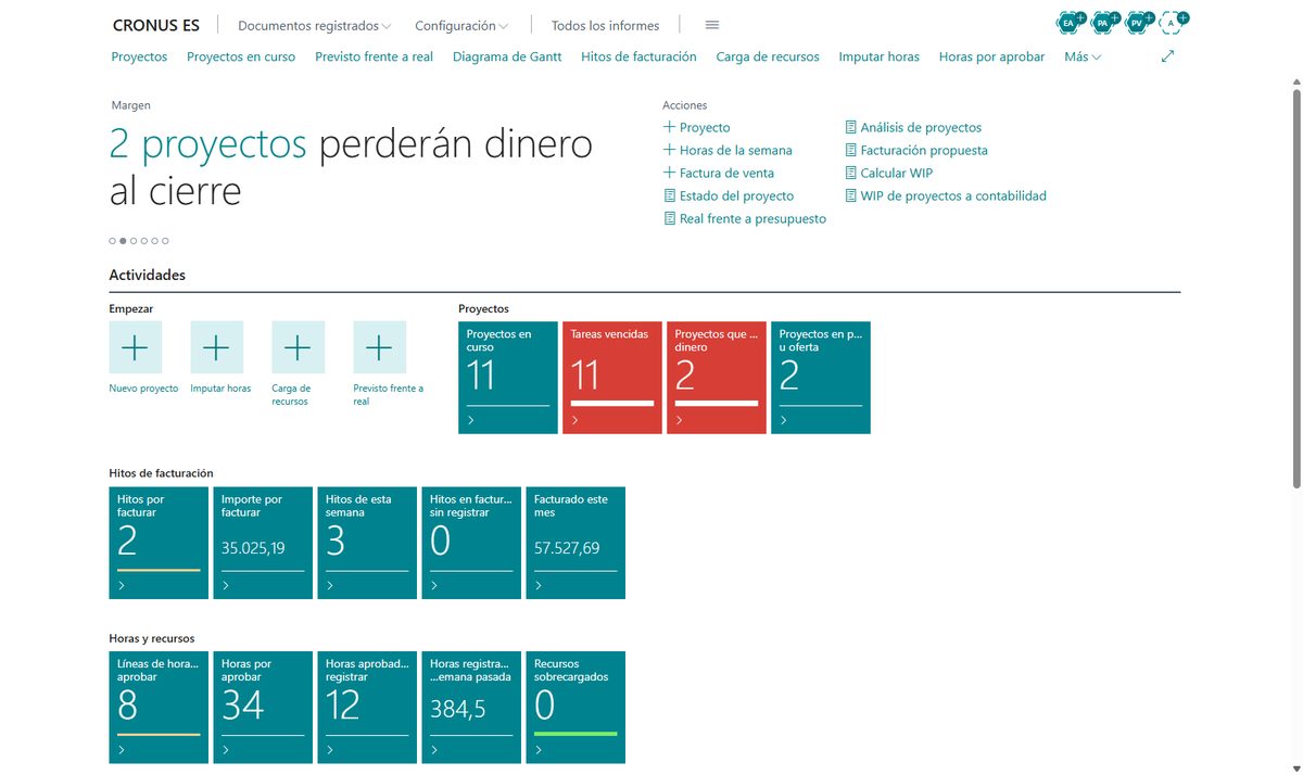 Pantalla de inicio del vertical de proyectos en Business Central con los proyectos en curso y su margen al cierre, los hitos por facturar, las horas por aprobar, las tareas vencidas y los recursos sobrecargados