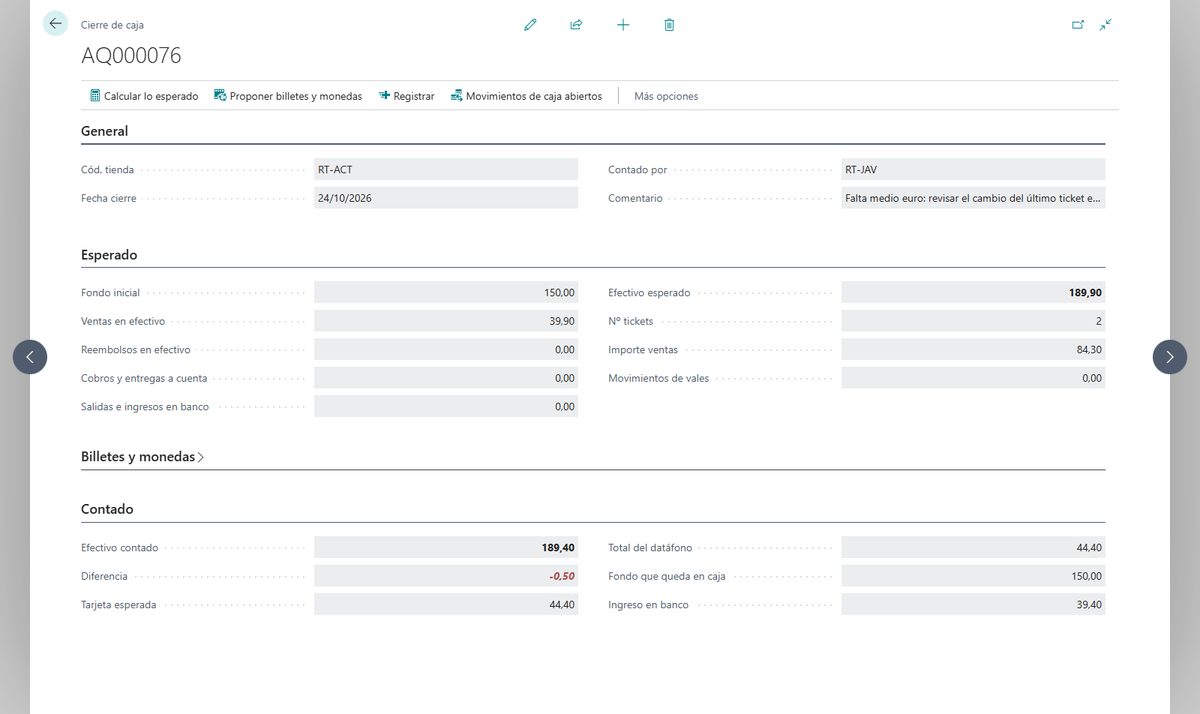 Cierre de caja de la tienda Actur en Business Central con el fondo, las ventas en efectivo, lo esperado, el recuento por billetes y monedas, la diferencia y el ingreso en el banco