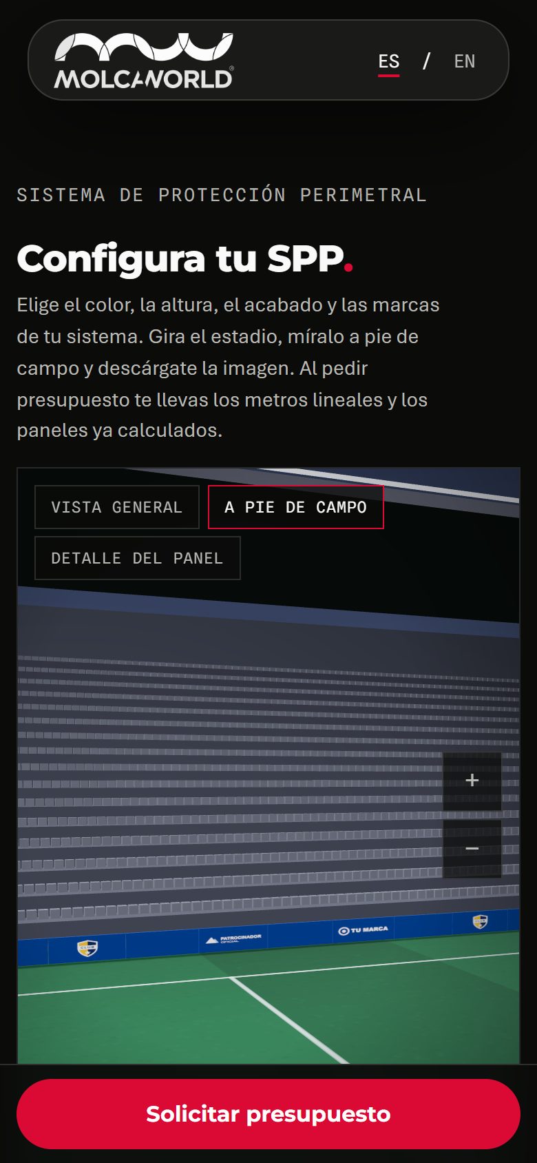 El configurador en el móvil a pie de campo, con la barra de Solicitar presupuesto abajo