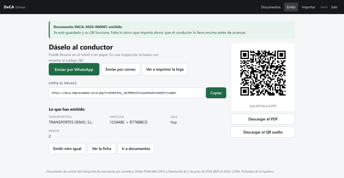 Pantalla posterior a la emisión con el código QR y los botones para enviar el documento al conductor