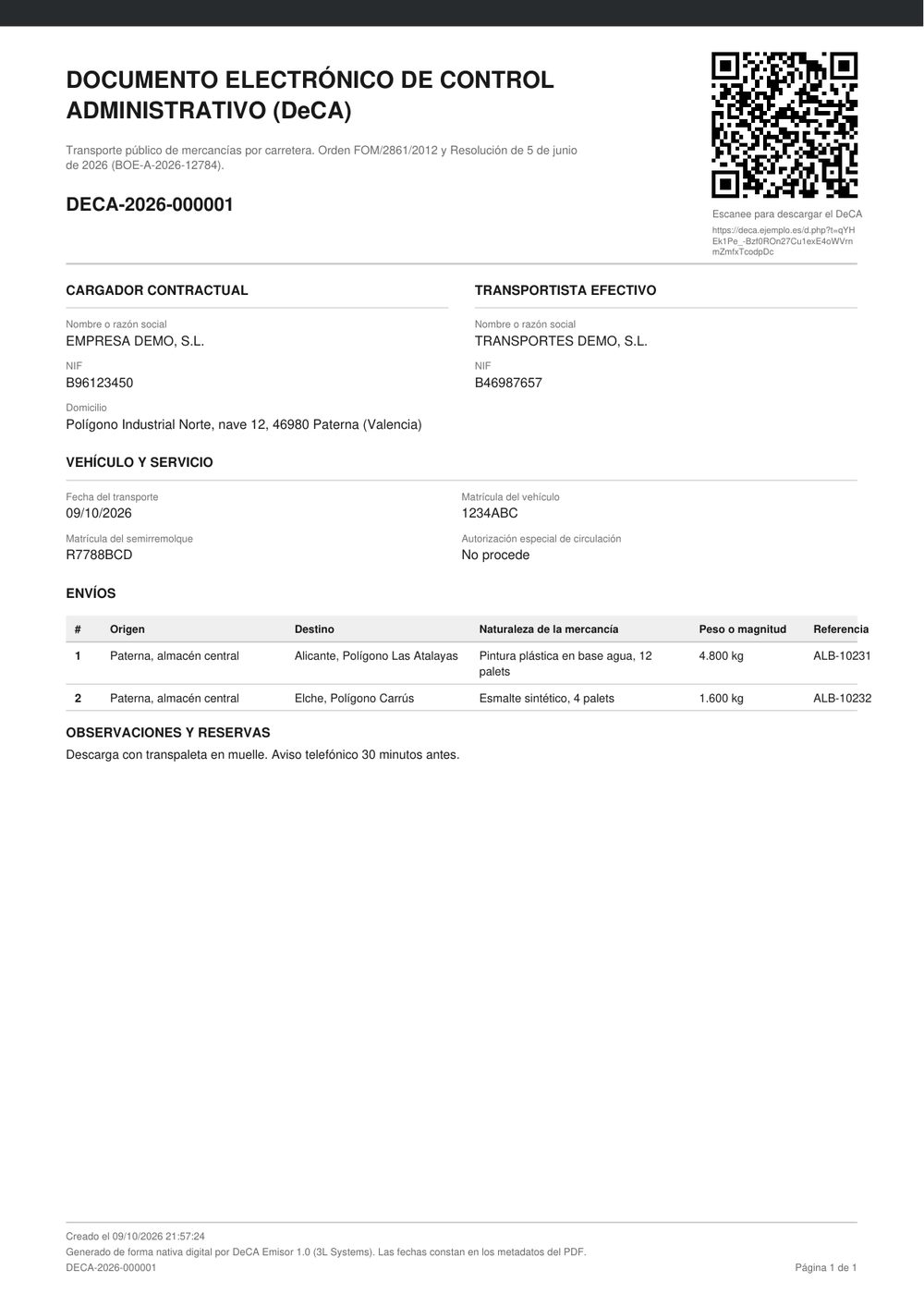 Documento electrónico de control generado en PDF con el código QR, el cargador contractual y el transportista efectivo diferenciados