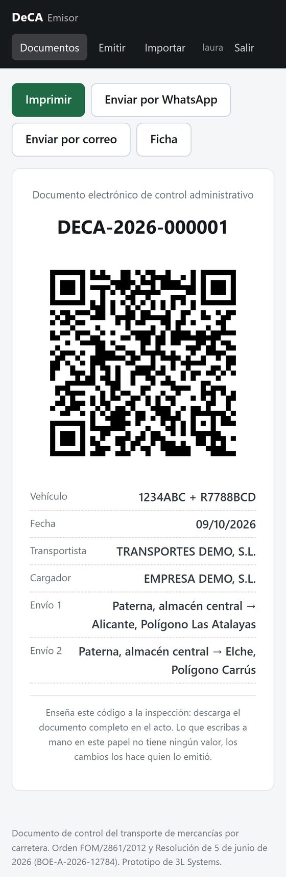 Hoja del conductor en el móvil con el código QR grande, la matrícula, la fecha y los envíos