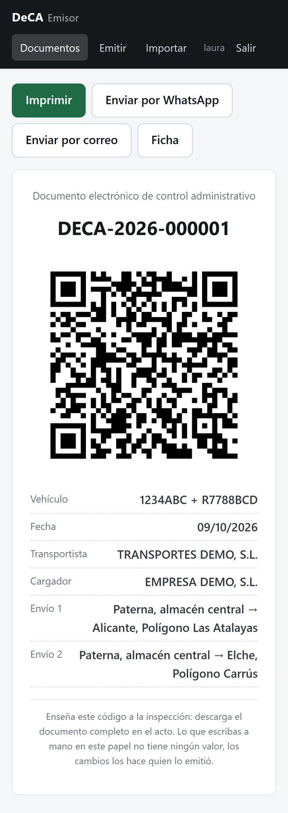 Hoja del conductor en el móvil con el código QR grande, la matrícula, la fecha y los envíos