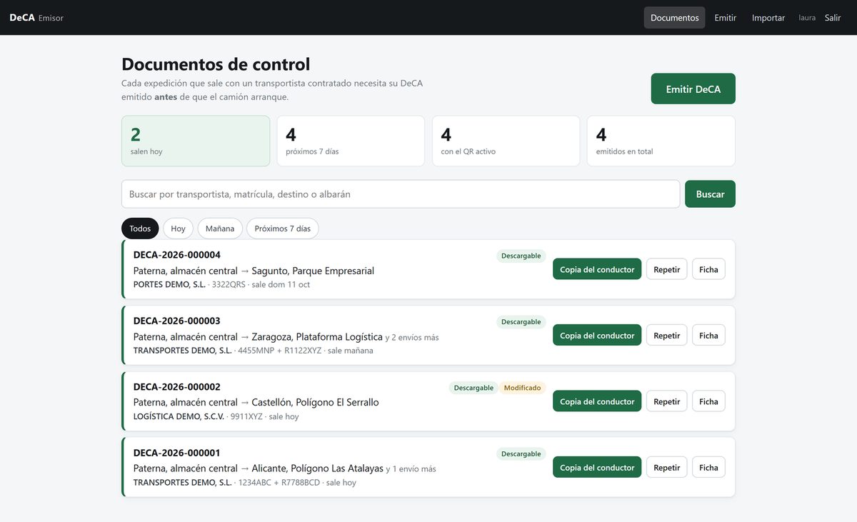 Panel del emisor DeCA con las expediciones del día, el estado de cada documento y el acceso a la copia del conductor