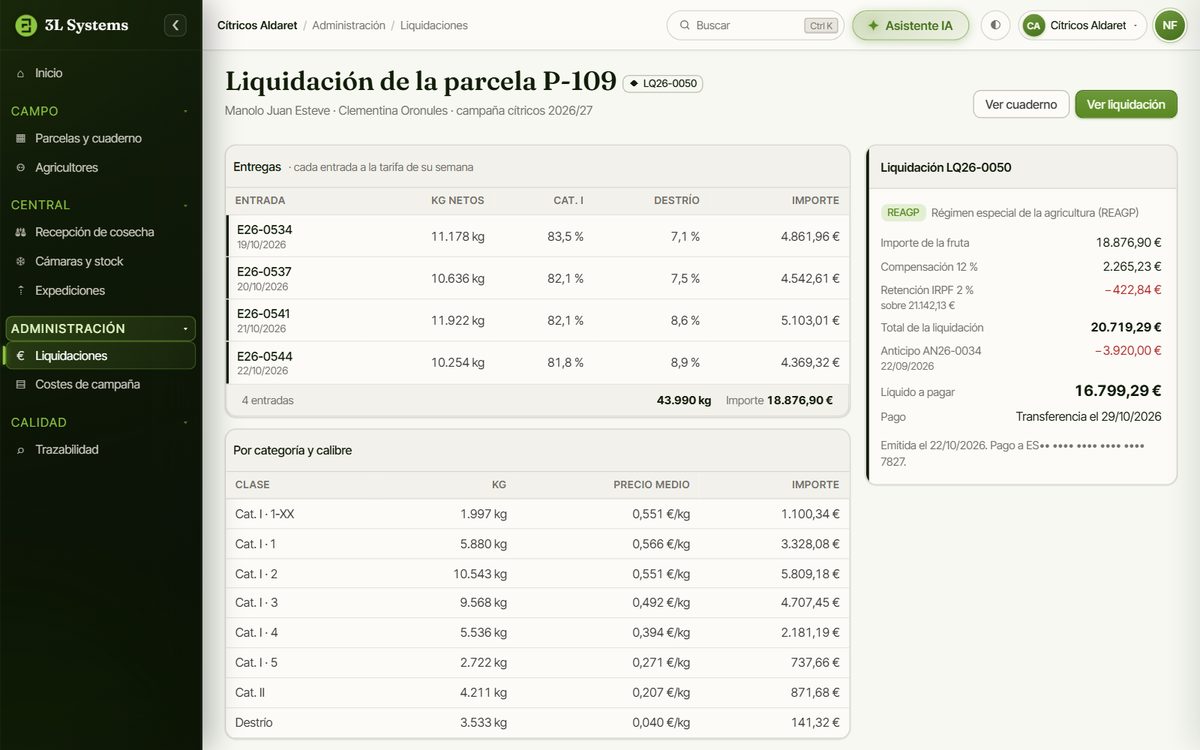 Liquidación de una parcela en la demo: entregas, kilos por categoría y calibre, compensación del régimen especial de agricultura, retención del IRPF y anticipo descontado