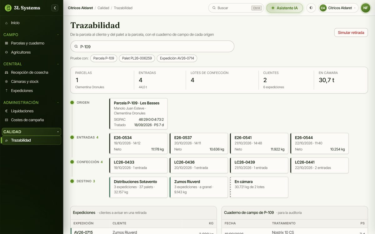 Trazabilidad de una parcela en la demo: origen con su SIGPAC y su último tratamiento, entradas, lotes de confección y clientes que han recibido sus palets