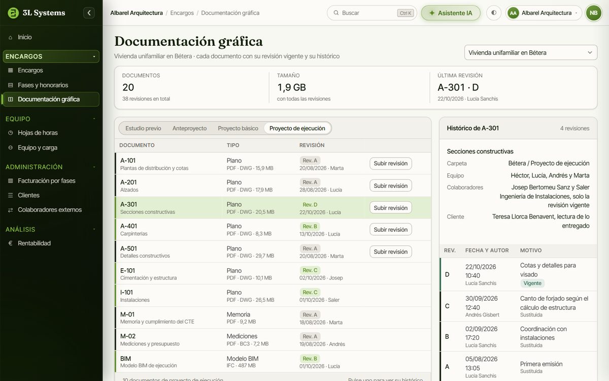 Documentación del proyecto de ejecución en la demo: planos, modelo BIM, memoria y mediciones con su revisión vigente, junto al histórico de revisiones de las secciones constructivas