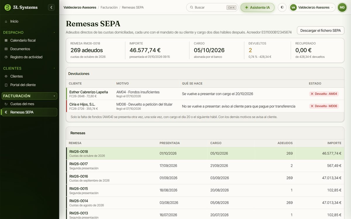Remesa SEPA de las cuotas del mes en la demo, con los adeudos, el cargo y las devoluciones del banco, cada una con su motivo y lo que se hace con ella