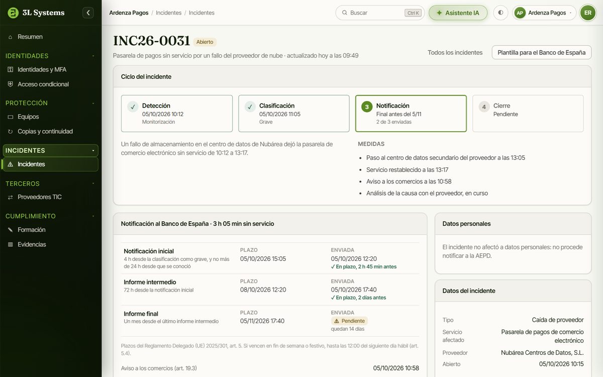 Incidente grave en la demo con su notificación inicial, su informe intermedio y su informe final al Banco de España, el plazo de cada uno y la hora de envío