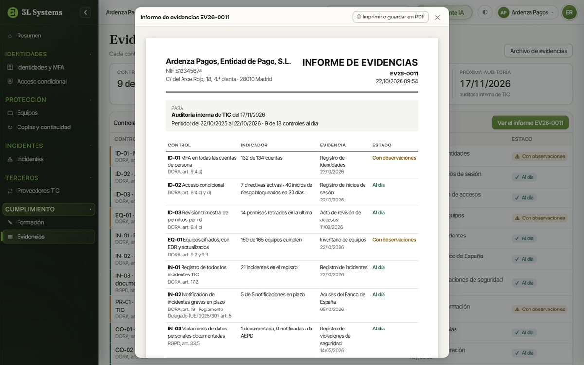 Informe de evidencias para la auditoría interna en la demo, con cada control, la norma que lo pide, su indicador, su evidencia y su estado, y los incidentes graves con sus plazos