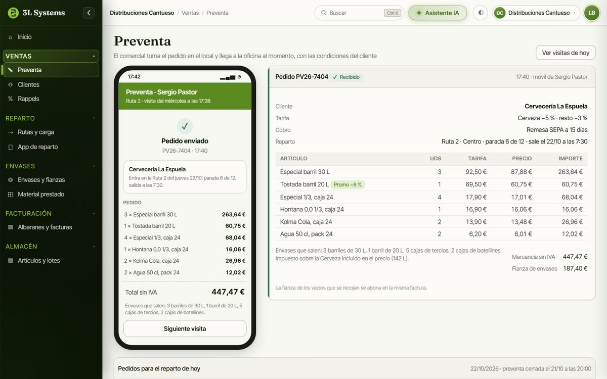 App de preventa en el móvil del comercial con el pedido de un bar recién enviado, junto al pedido recibido en la oficina con su tarifa, la promoción aplicada, los envases con su fianza y la ruta del día