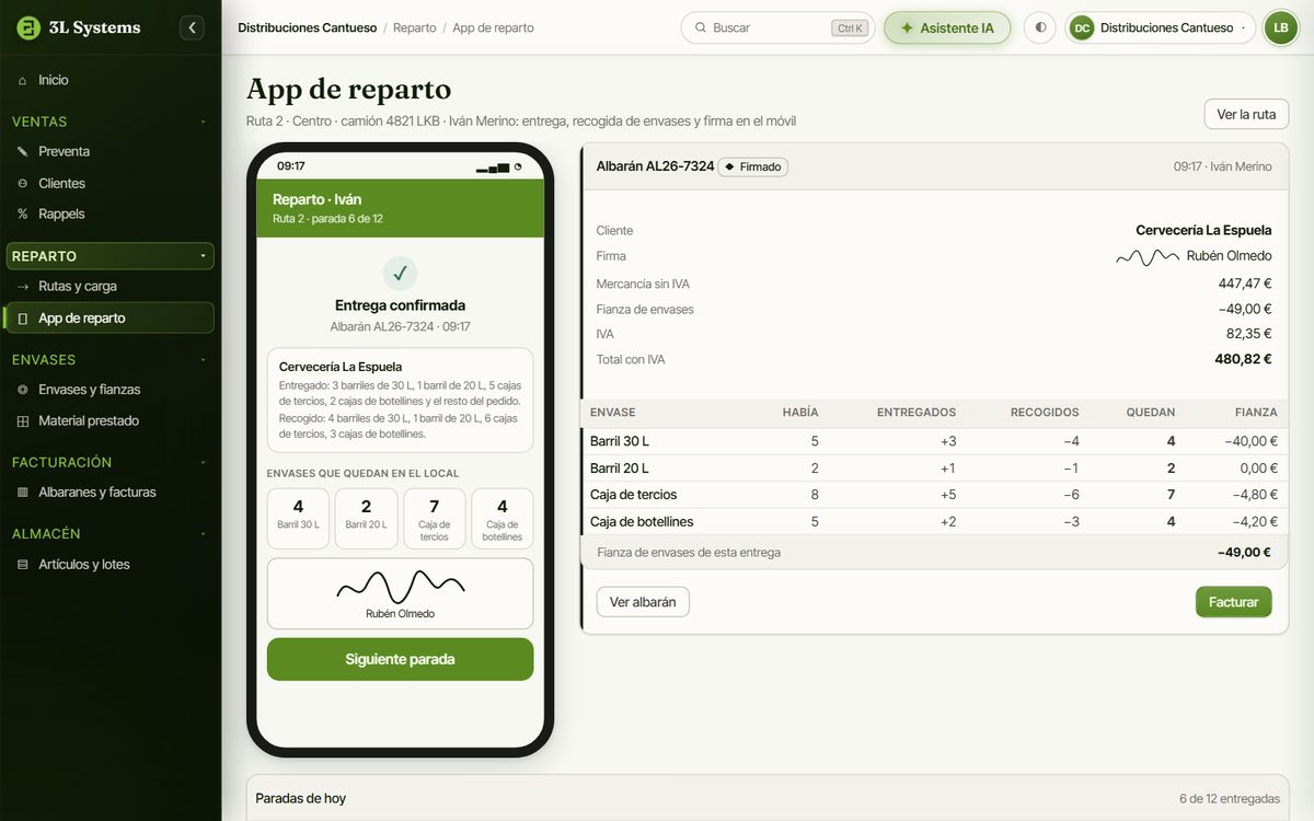 App del repartidor con la entrega confirmada, los barriles y cajas vacías recogidos y la firma del cliente, junto al albarán con el saldo de envases del local