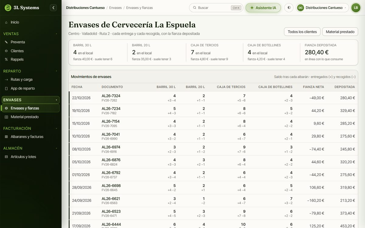Cuenta de envases de un bar en la demo con los barriles y las cajas que hay en el local, la fianza depositada y cada entrega y recogida