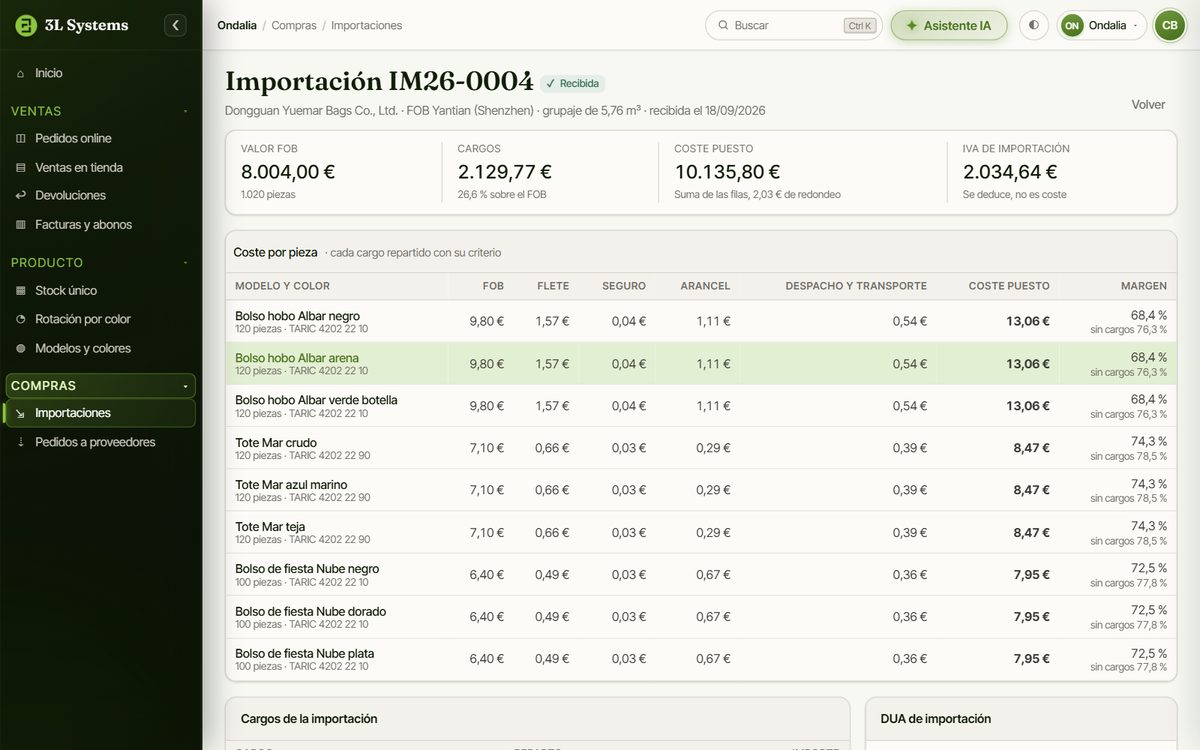 Importación desde China en la demo: precio FOB de cada modelo y color con su parte de flete, seguro, arancel, despacho y transporte, coste puesto y margen
