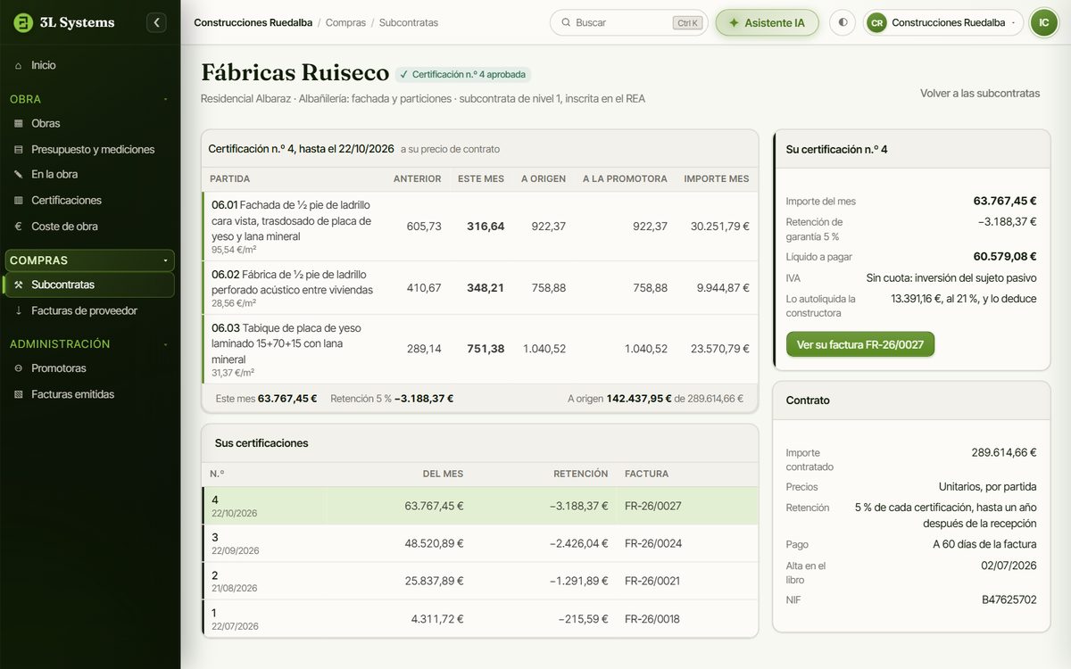 Certificación de la subcontrata de albañilería en la demo, con la misma medición que se certifica a la promotora, su retención de garantía y su factura con inversión del sujeto pasivo