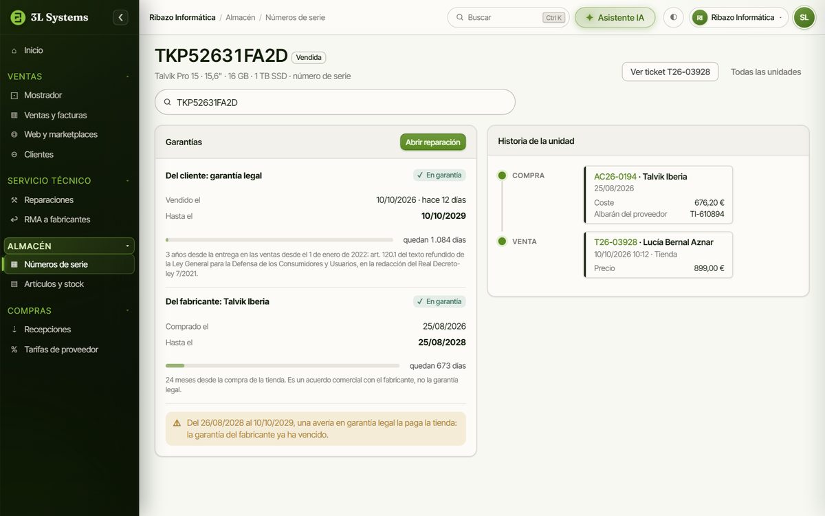 Ficha de un número de serie en la demo: garantía legal de la clienta desde la venta, garantía del fabricante desde la compra de la tienda e historia de la unidad