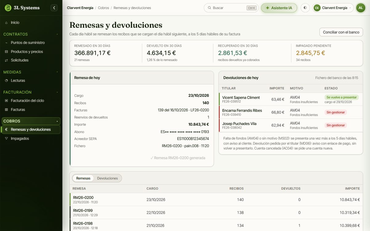 Remesa SEPA del día en la demo con sus recibos y su importe, junto a los recibos que ha devuelto el banco con su motivo y lo que se ha hecho con cada uno