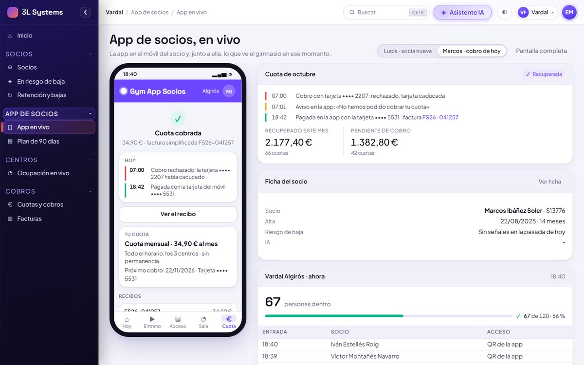 App de un socio con la cuota cobrada tras pagar con la tarjeta del móvil y, al lado, la cuota del mes en el panel con el cobro rechazado por tarjeta caducada, el aviso en la app y el pago recuperado