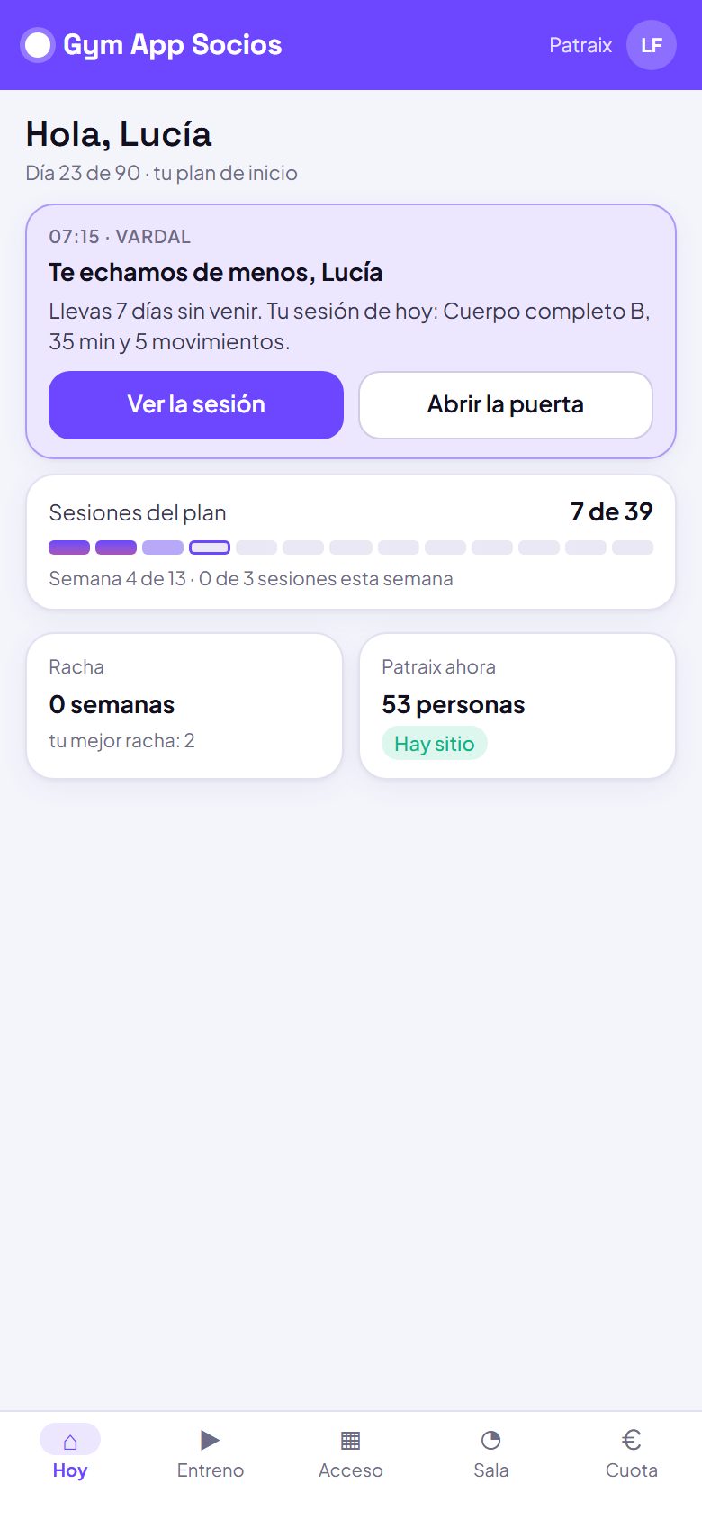 Inicio de la app de socios con el aviso de la mañana, la sesión de hoy del plan y la gente que hay ahora en el centro