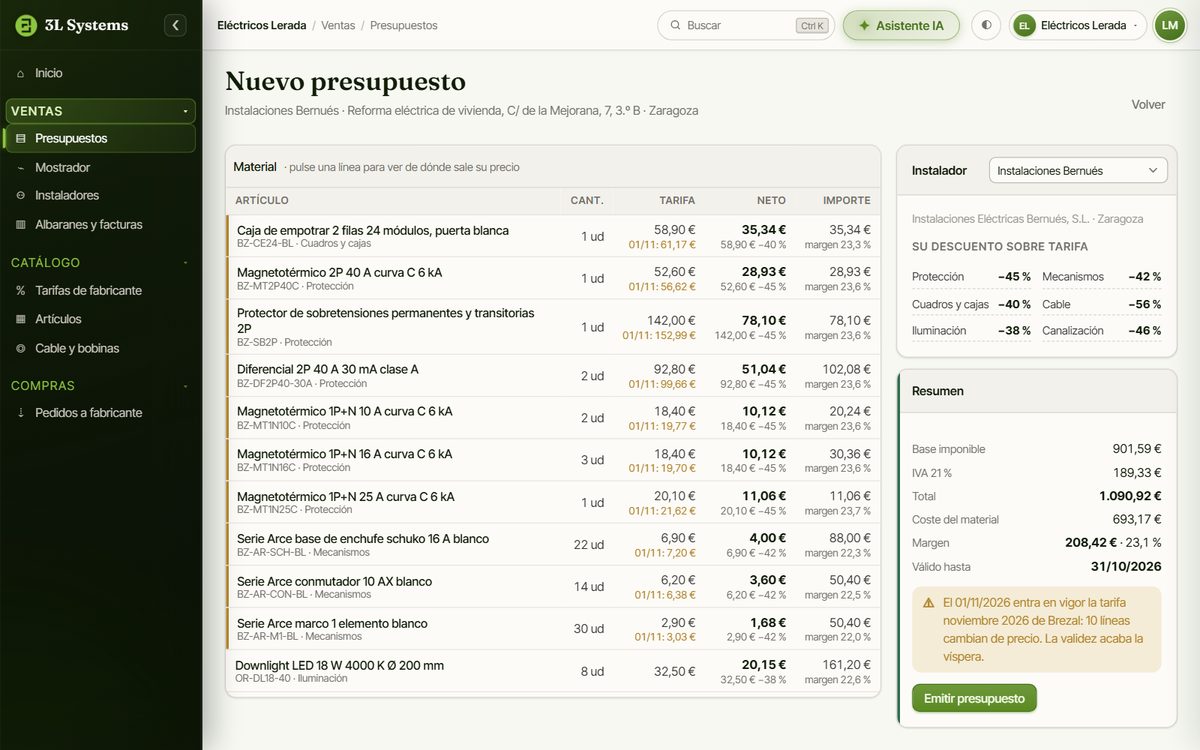 Presupuesto de material para un instalador en la demo: cada línea con la tarifa del fabricante, el descuento del instalador para su familia, el precio neto, el margen y el precio que tendrá con la tarifa nueva