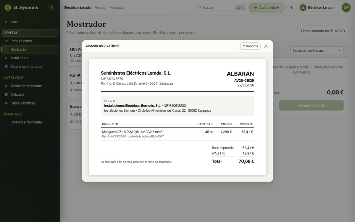 Albarán de la demo con los metros de manguera cortados, la bobina de la que salen, el precio neto por metro del instalador y el IVA del 21 %