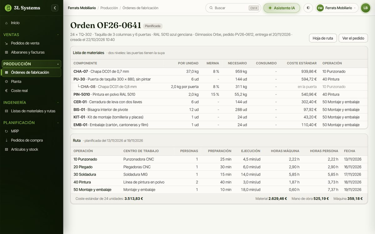 Orden de fabricación de 24 taquillas en la demo, creada desde el pedido del cliente, con la lista de materiales de dos niveles y su merma y la ruta por centros de trabajo con los tiempos de preparación y de ejecución