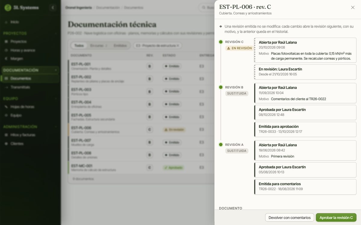 Registro de documentos de un proyecto en la demo con el historial de revisiones de un plano de cubierta: revisiones A y B emitidas y la C abierta por un cambio del cliente, con su motivo, quién la redacta y quién la revisa