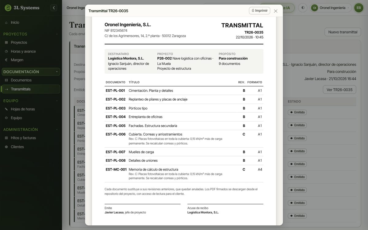 Transmittal de la demo que envía al cliente los documentos del proyecto de estructura para construcción, cada uno con su revisión y su formato, y el motivo de los que pasan a la revisión C