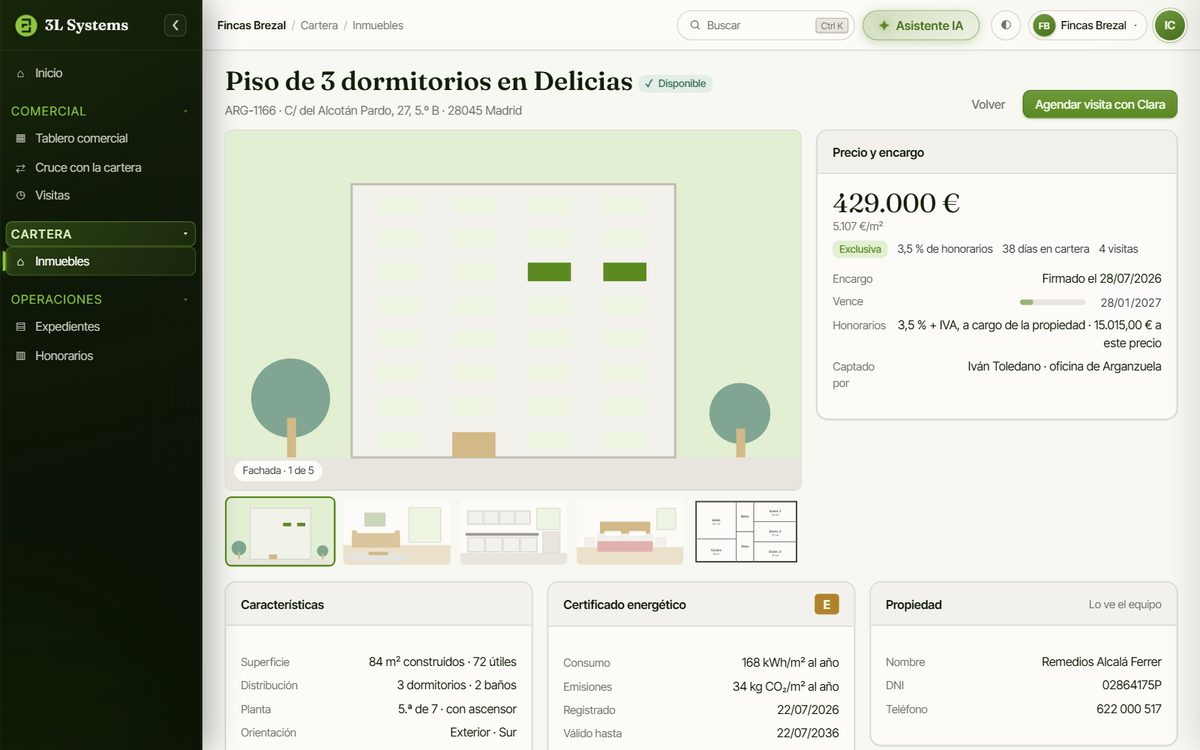 Ficha de un piso en la demo con sus fotos y su plano dibujados, el precio, el encargo en exclusiva con sus honorarios, los días en cartera y las visitas