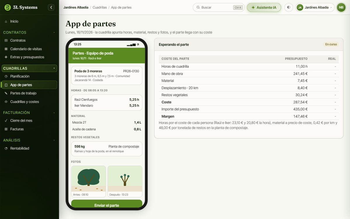 App de partes en el móvil del equipo de poda con las horas de cada persona, el material, los kilos de restos y las fotos de antes y después, junto al coste previsto en el presupuesto