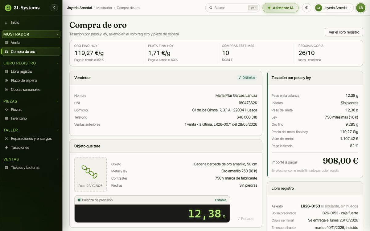Compra de una cadena de oro a un particular en la demo: datos del DNI de la vendedora, peso en la balanza de precisión, ley de 750 milésimas, oro fino, precio del día e importe que paga la joyería