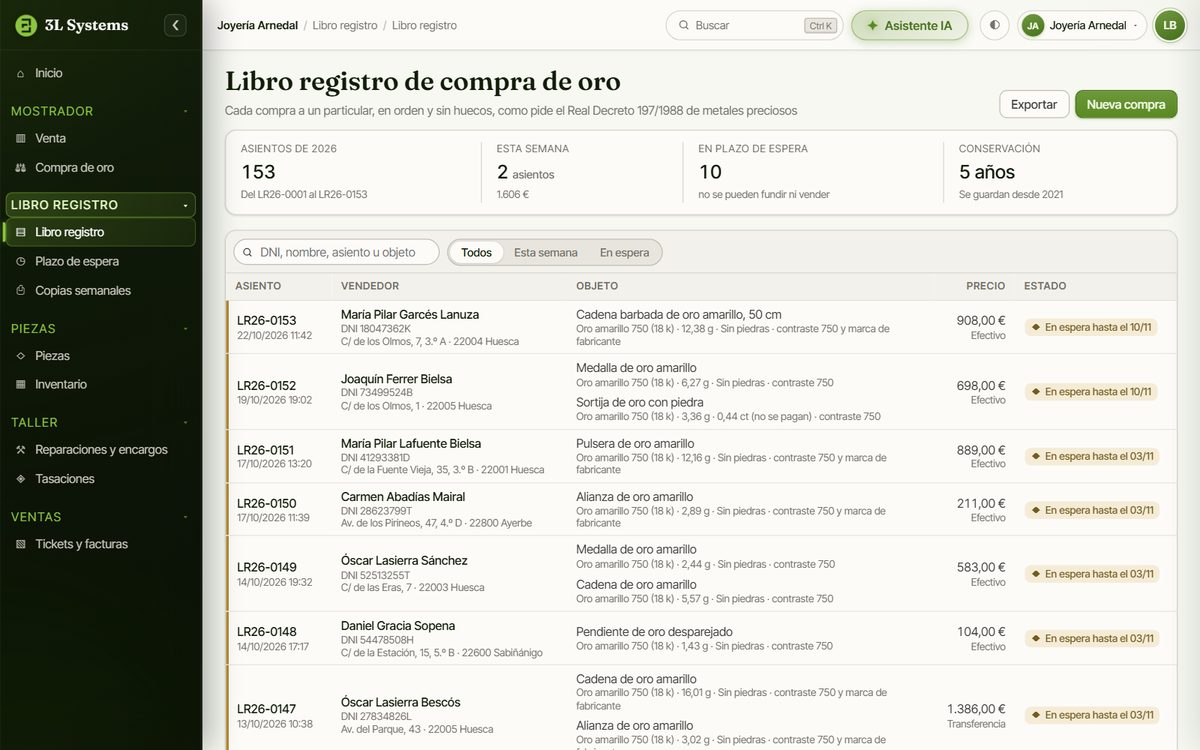 Libro registro de compra de oro en la demo: asientos correlativos con la fecha, el vendedor con su DNI y su domicilio, el objeto con su metal, su ley, su peso, sus piedras y sus contrastes, el precio y el plazo de espera