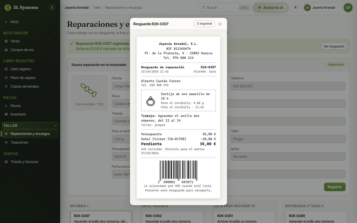 Resguardo de una reparación en la demo: cliente, sortija con su peso al recibirla y su foto, trabajo, presupuesto, señal cobrada, importe pendiente y fecha prevista