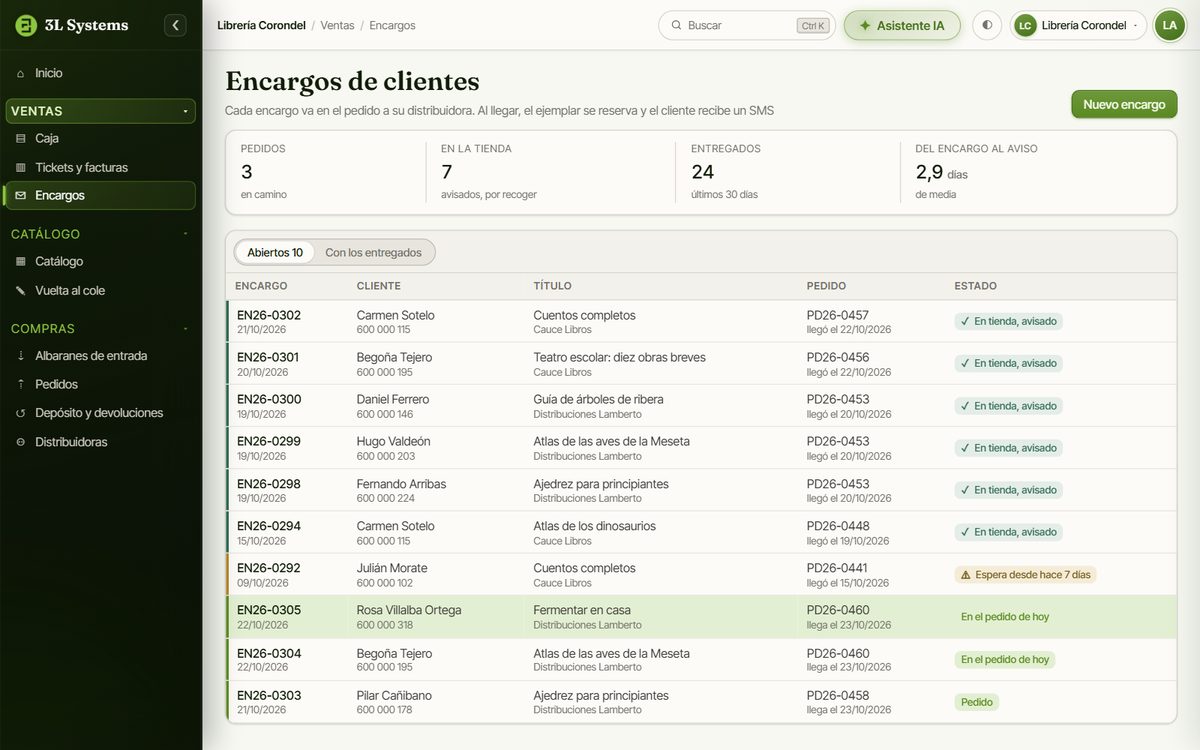 Lista de encargos de clientes en la demo: el título que se acaba de encargar, en el pedido de hoy a la distribuidora, y otros encargos ya avisados que esperan en la tienda