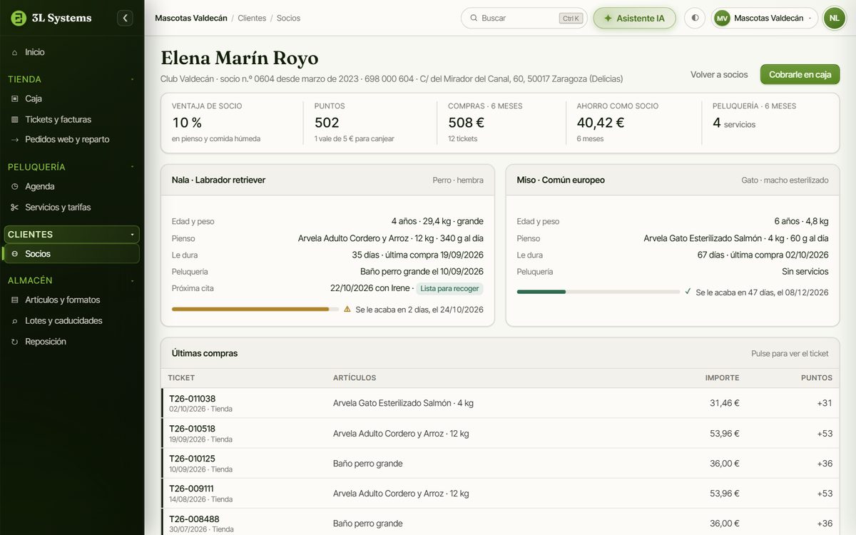 Ficha de una socia en la demo: descuento del 10 % en pienso, saldo de puntos, su perra y su gato con su pienso habitual y los días que le quedan de saco