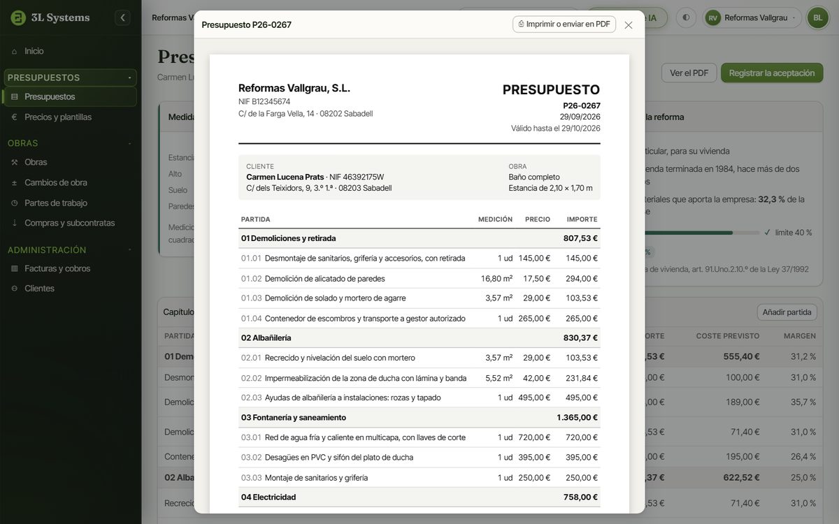 Presupuesto en PDF de la demo con los datos de la empresa y del cliente, la obra, la validez y los primeros capítulos, cada partida con su medición, su precio y su importe
