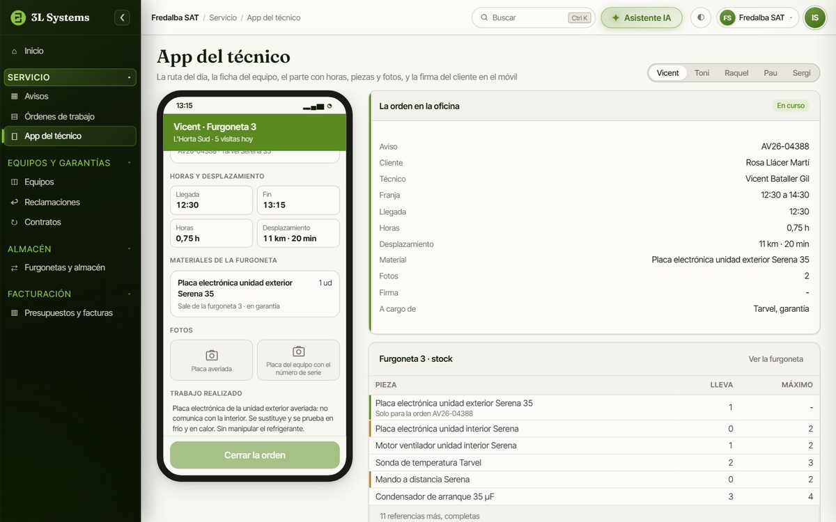 App del técnico en el móvil con el parte: horas, desplazamiento, la pieza que sale de su furgoneta, las fotos y quién paga, junto a la orden tal como la ve la oficina