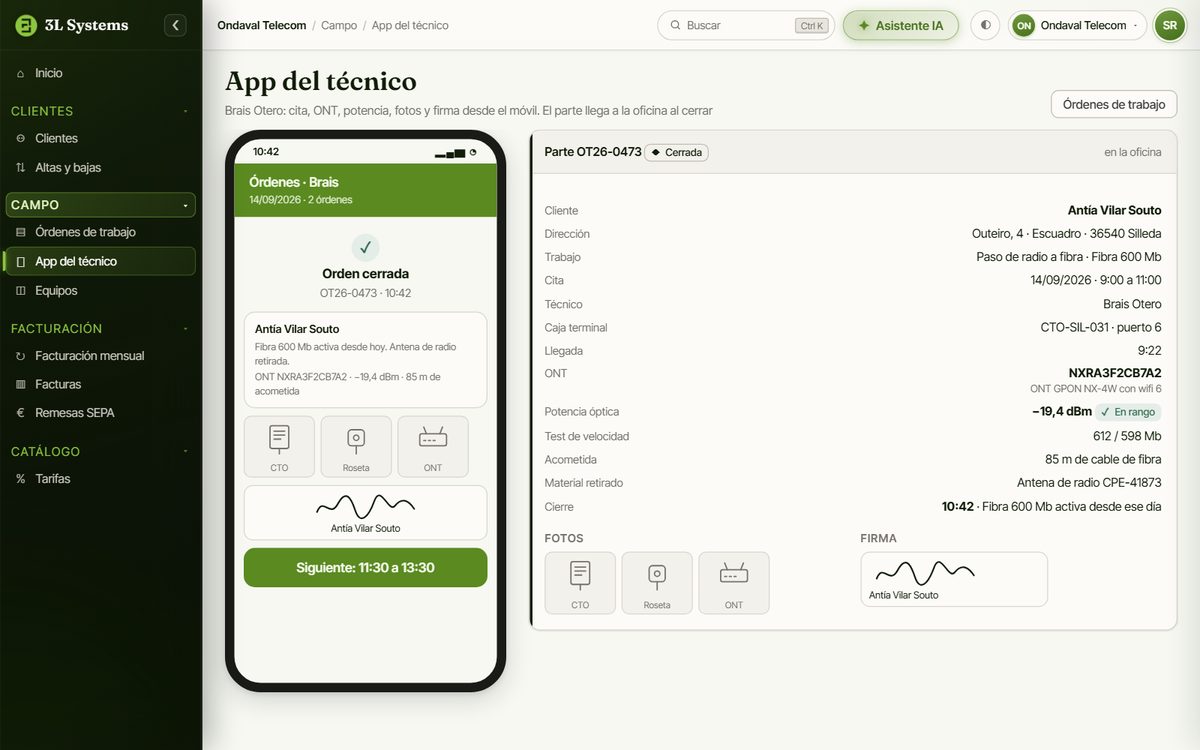 App del técnico en el móvil con la orden de instalación de fibra cerrada, la ONT con su número de serie, la potencia óptica medida, las fotos y la firma, junto al parte que llega a la oficina
