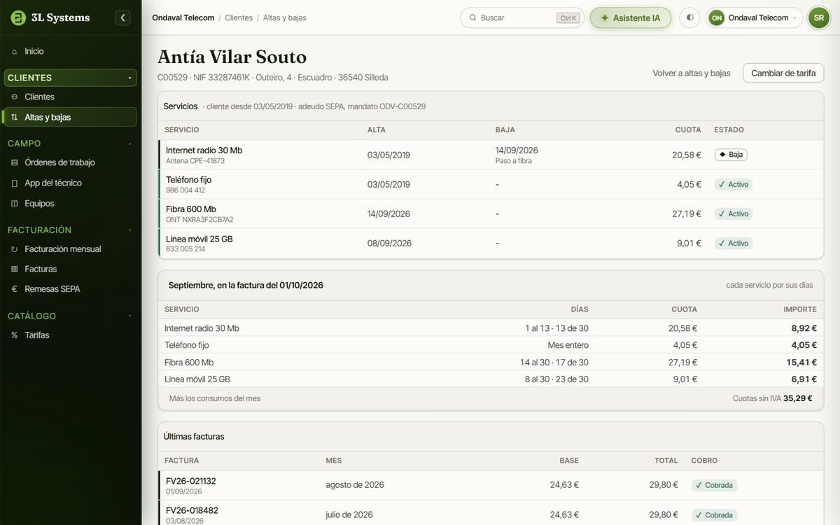 Servicios de una clienta en la demo con la baja de internet por radio y el alta de la fibra el mismo día, la línea móvil y lo que se facturará ese mes por días de servicio
