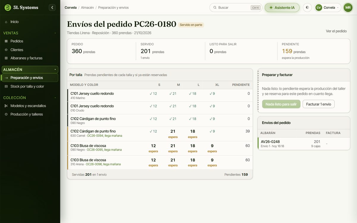 Envíos de un pedido en la demo: las tallas ya servidas en el primer envío y las que siguen pendientes a la espera de la producción del taller